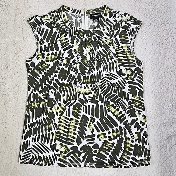 Liz Claiborne Palm Printed Blouse Green and White with pleated neckline Size MT - Picture 5 of 9